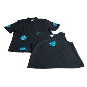 Vintage 90s AKC Floral Linen Top Set Women 1X Black Embroidered Coastal Boho